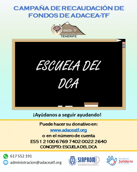 Cartel de la campaña de recaudación de fondos "Escuela del DCA" de ADACEA-TF