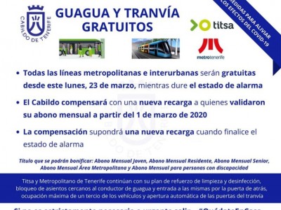 Información sobre gratuidad de líneas de guagua y tranvía de TITSA y Metropolitano